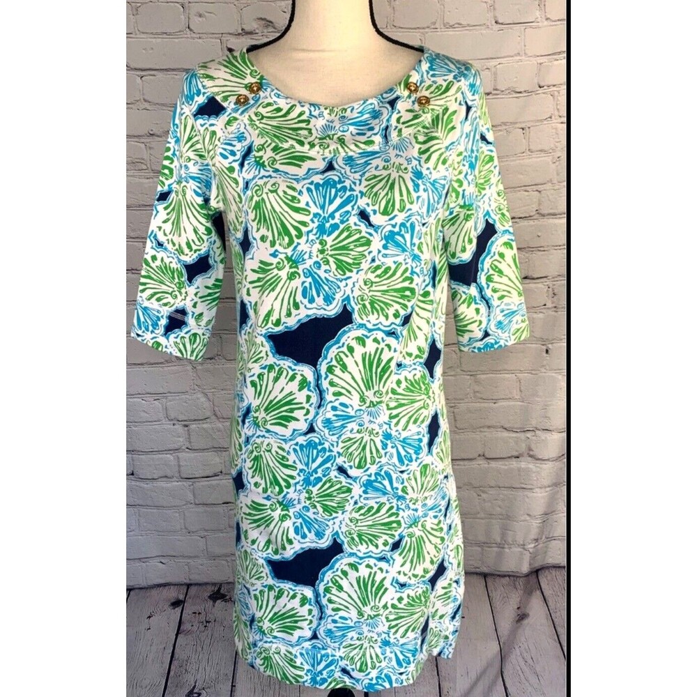 Lilly Pulitzer Boat Neck Shift Dress 3/4 Sleeve Floral Print Size Small